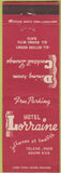 Matchbook Cover - Hotel Lorraine Toledo OH