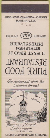 Matchbook Cover - Pure Food Restaurant Bethlehem PA