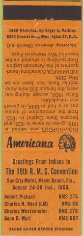 Matchbook Cover - Perkins Americana RMS 1959 Miami Beach orange