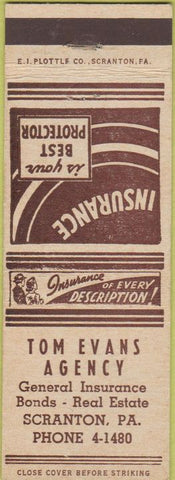 Matchbook Cover - Tom Evans Insurance Scranton PA Real Estate