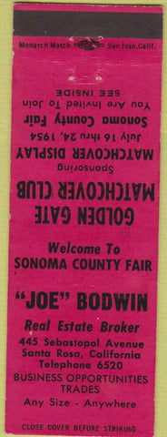 Matchbook Cover - Joe Brown Real Estate Santa Rosa CA Match Club red