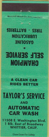 Matchbook Cover - Taylor's oil gas Car Wash Whittier CA