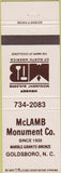 Matchbook Cover - McLamb Monument Co Goldsboro NC headstones