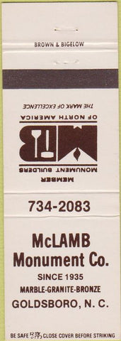 Matchbook Cover - McLamb Monument Co Goldsboro NC headstones