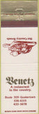 Matchbook Cover - Benetz Restaurant Quakertown PA
