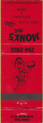 Matchbook Cover - Monk's Bar Wisconsin Dells WI monkee