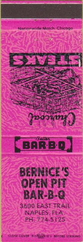 Matchbook Cover - Bernice's BBQ Pit Naples FL Pink