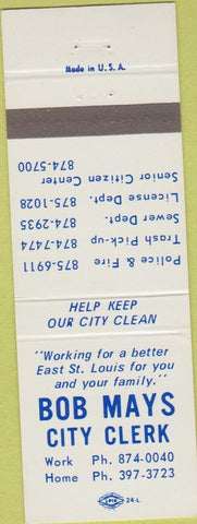 Matchbook Cover - Bob Mays City Clerk East St Louis IL