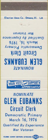 Matchbook Cover - Glen Eubanks Circuit Clerk Democrat election