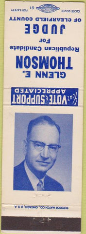 Matchbook Cover - Glenn E Thomson Judge Clearfield County PA