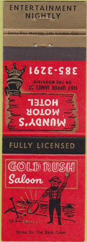 Matchbook Cover - Mundy's Motor Hotel Gold Rush Saloon Hamilton ON