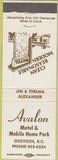 Matchbook Cover - Avalon Motel Trailer Park Osoyoos BC