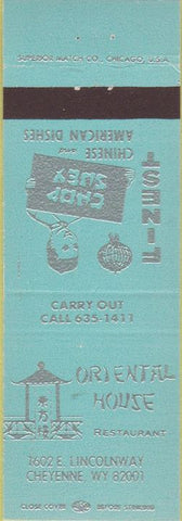 Matchbook Cover - Oriental House Cheyenne WY light green