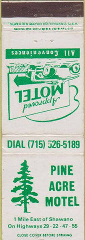Matchbook Cover - Pine Acre Motel Shawano WI