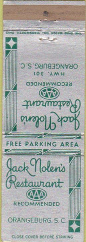 Matchbook Cover - Jack Nolen's Restaurant Orangeburg SC