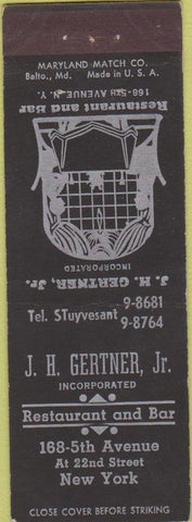 Matchbook Cover - JH Gertner Jr. Restaurant New York City