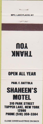 Matchbook Cover - Shaheen's Motel Tupper Lake NY white