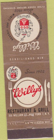 Matchbook Cover - Willy's Restaurant New York City