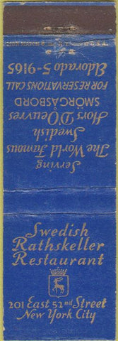 Matchbook Cover - Swedish Rathskeller Restaurant New York City