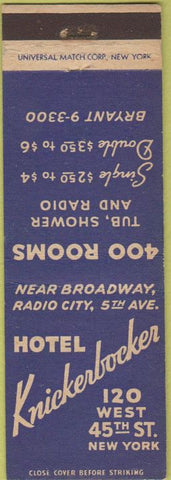 Matchbook Cover - Hotel Knickerbocker New York City