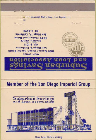 Matchbook Cover - Suburban Savings Loan San Diego CA 40 Strike