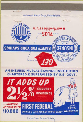 Matchbook Cover - First Federal Savings Upper Darby PA 40 Strike