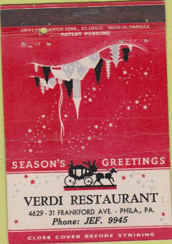 Matchbook Cover - Verdi Restaurant Philadelphia PA Christmas 40 Strike