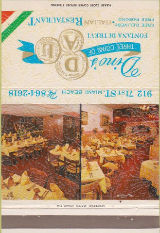 Matchbook Cover - Dino's 3 Coins Italian Food Miami Beach FL 40 Strike
