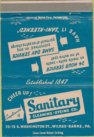 Matchbook Cover - Sanitary Cleaning Dyeing Wilkes Barre PA 40 Strike