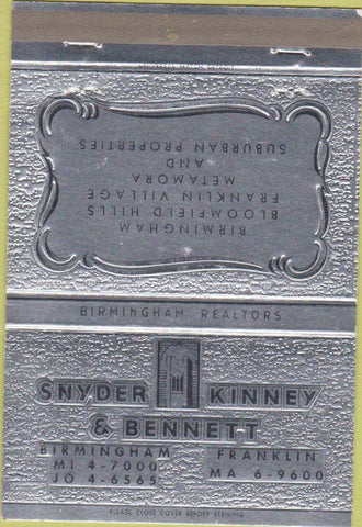 Matchbook Cover - Snyder Kinney Bennett Real Estate Birmingham AL 40 Strike