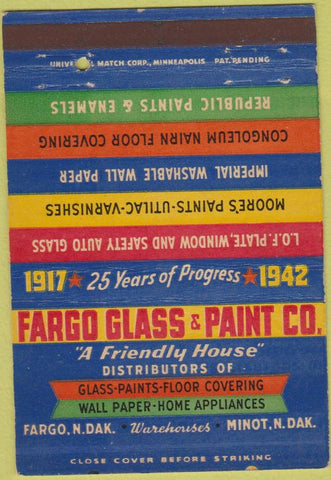 Matchbook Cover - Fargo Glass  and  Paint Co Minot ND 40 Strike