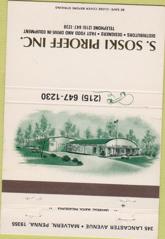 Matchbook Cover - S Soski Piroeff fast food equipment Malvern PA 40 Strike