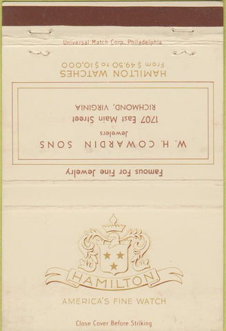 Matchbook Cover - Hamilton Watches Richmond VA 40 Strike