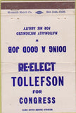 Matchbook Cover - Tollefson Congress Election Tacoma WA? 40 Strike