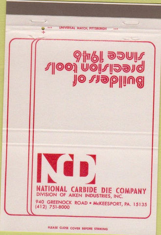 Matchbook Cover - National Carbide Die McKeesport PA 40 Strike
