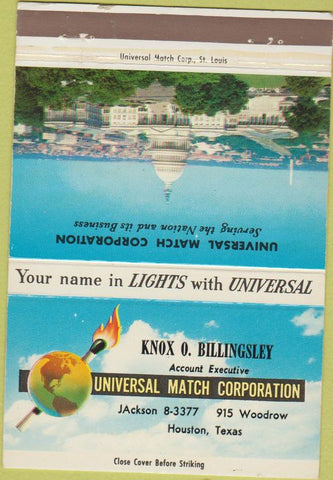 Matchbook Cover - Univeral Match Houston TX Knox Billingsley 40 Strike
