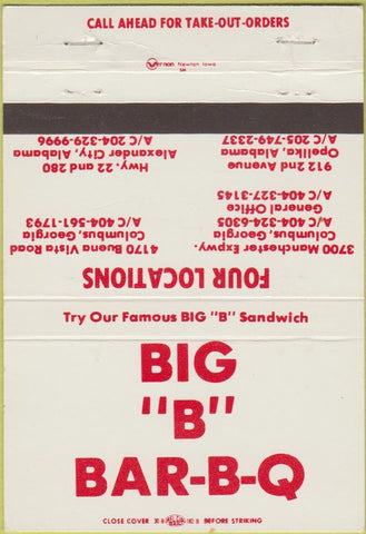Matchbook Cover - Big B BBQ Columbus GA Alexander City AL Opelika 40 Strike