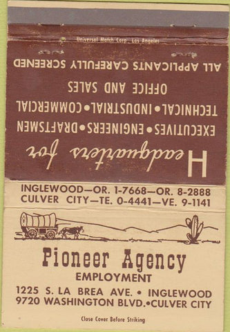 Matchbook Cover - Pioneer Employment Agency Culver City CA 40 Strike