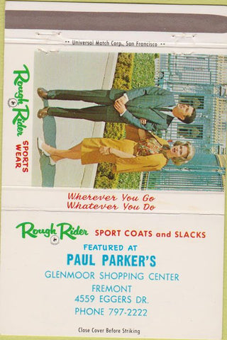 Matchbook Cover - Rough Rider Men's Clothes Fremont CA suits 40 Strike