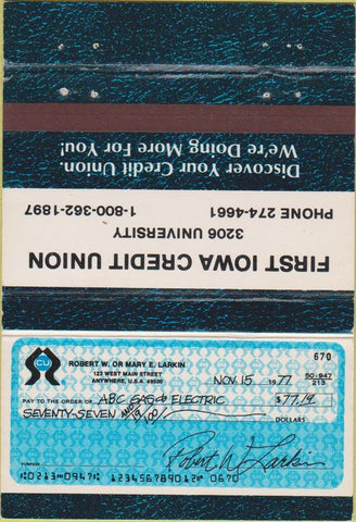 Matchbook Cover - First Iowa Credit Union  40 Strike