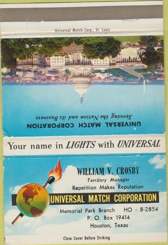 Matchbook Cover - Univeral Match Houston TX William Crosby 40 Strike