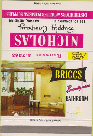 Matchbook Cover - Nicholas Supply Co Jackson MS Plumbing Supply 40 Strike