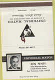 Matchbook Cover - Universal Match Dealer Ken Fenty San Francisco CA 40 Strike