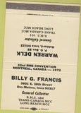 Matchbook Cover - RMS Billy Francis Warren Delk Hubbard IA Des Moines 40 Strike