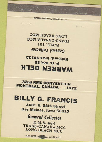 Matchbook Cover - RMS Billy Francis Warren Delk Hubbard IA Des Moines 40 Strike