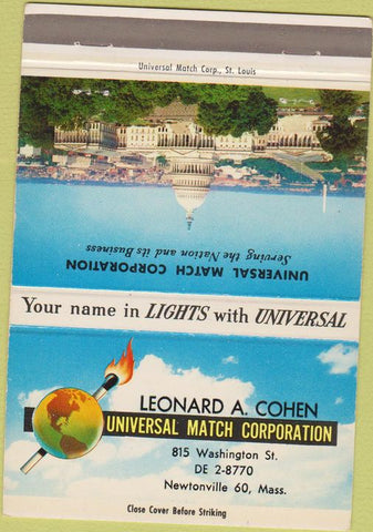 Matchbook Cover - Universal Match Corp Leonard Cohen Newtonville MA 40 Strike