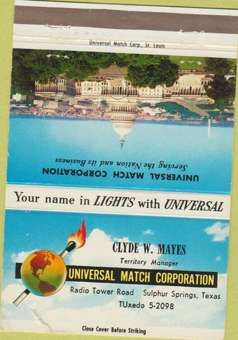 Matchbook Cover - Universal Match Corp Sulphur Springs TX Clyde Mayes 40 Strike