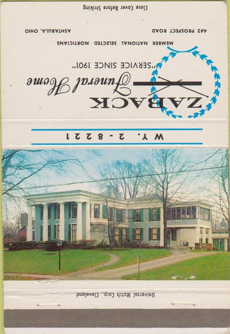 Matchbook Cover - Zaback Funeral Home Ashtabula OH 40 Strike