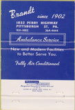Matchbook Cover - Brandt Funeral Home Pittsburgh PA 40 Strike
