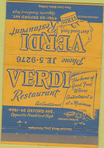 Matchbook Cover - Verdi Restaurant Philadelphia PA 40 Strike